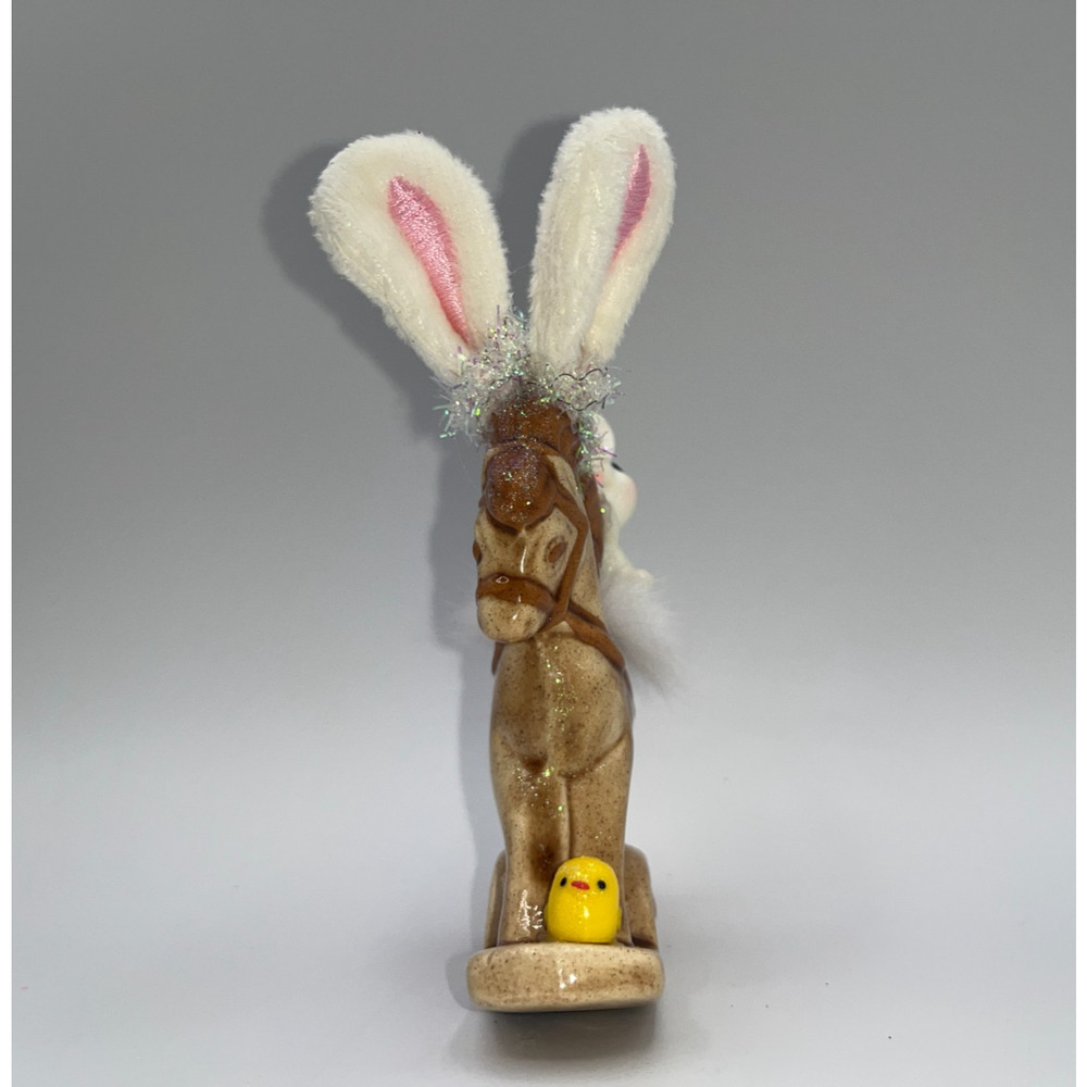 Vintage Ceramic Mini Rocking Horse Easter Bunny Chick Rider Faux Fur saddle OOAK - Picture 5 of 16
